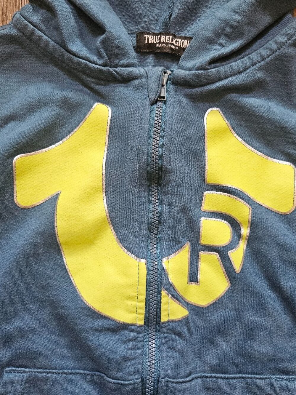 True Religion Brand Jeans Boys Medium 7-8 Blue Zip Up Spellout Hoodie Kids EUC - Picture 4 of 6